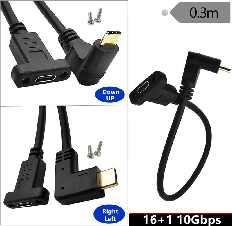 0.3M Elbow Male to Female USB3.1 Type-C Transmission Cable with Screw Hole