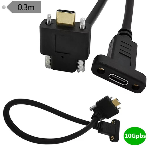 0.3M panel-fixed USB 3.1 Type-C male-to-female transfer cable with screw holes
