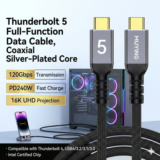  Intel Certified Thunderbolt 5 Full-Function Data Cable 120Gbps Light-Speed Transmission PD 240W Blazing Fast Charge