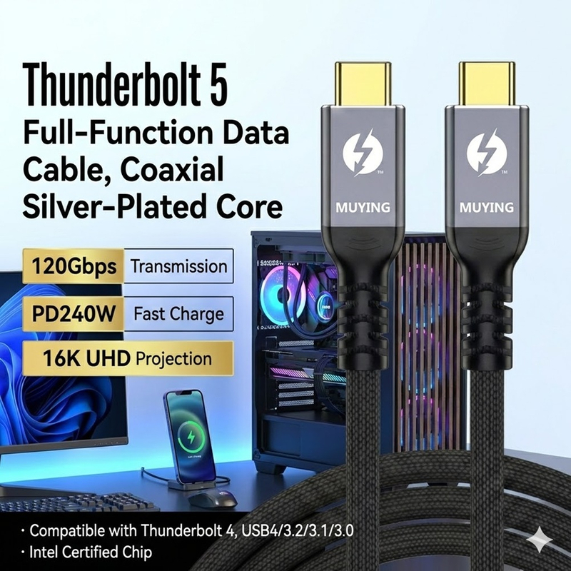  Intel Certified Thunderbolt 5 Full-Function Data Cable 120Gbps Light-Speed Transmission PD 240W Blazing Fast Charge