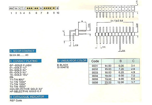 2.54mm PH01C2 series pin header/female header