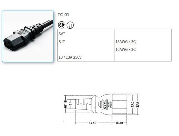 TC-01 UL/CSA standard power cord