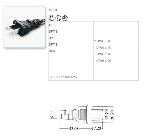 TP-01 UL/CSA standard power cord