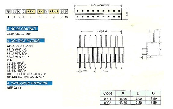 2.54*7.44mm PH01G2 series pin header/female header